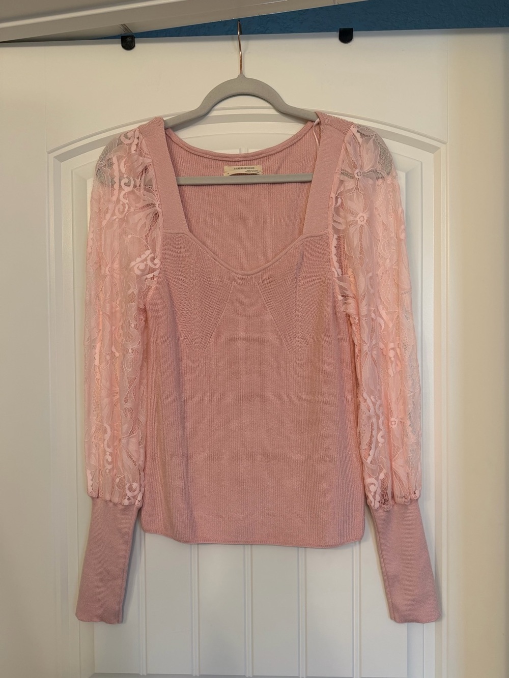 Anthropologie Pink Lace-Sleeve Square-Neck Sweater Size M